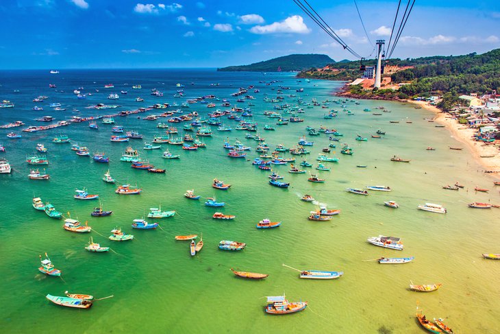 View of colorful fishing boats from the Phu Quoc cable-car